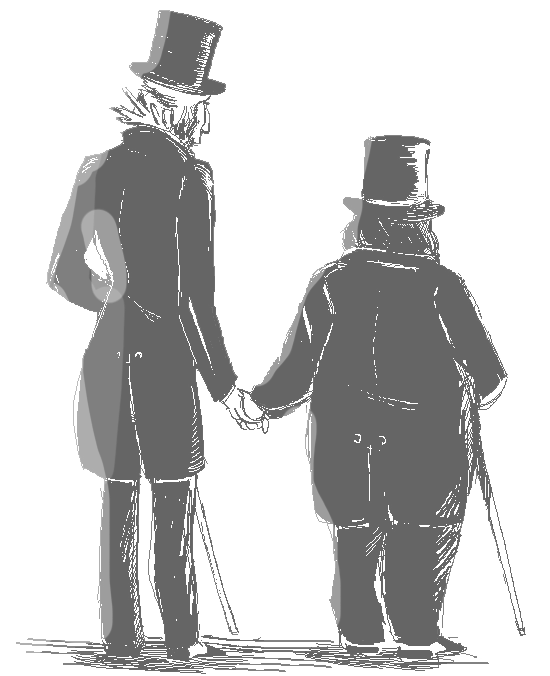 A vintage-style ink drawing of two characters in suits with the backs turned, holding hands.